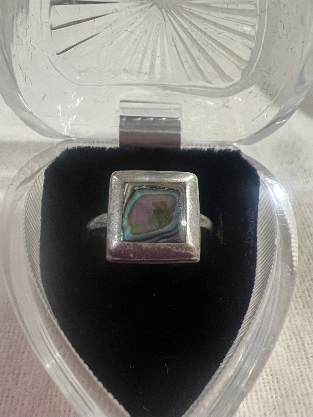 B#72-Silver Square Abalone Inlay Ring - Iridescent Green/Purple